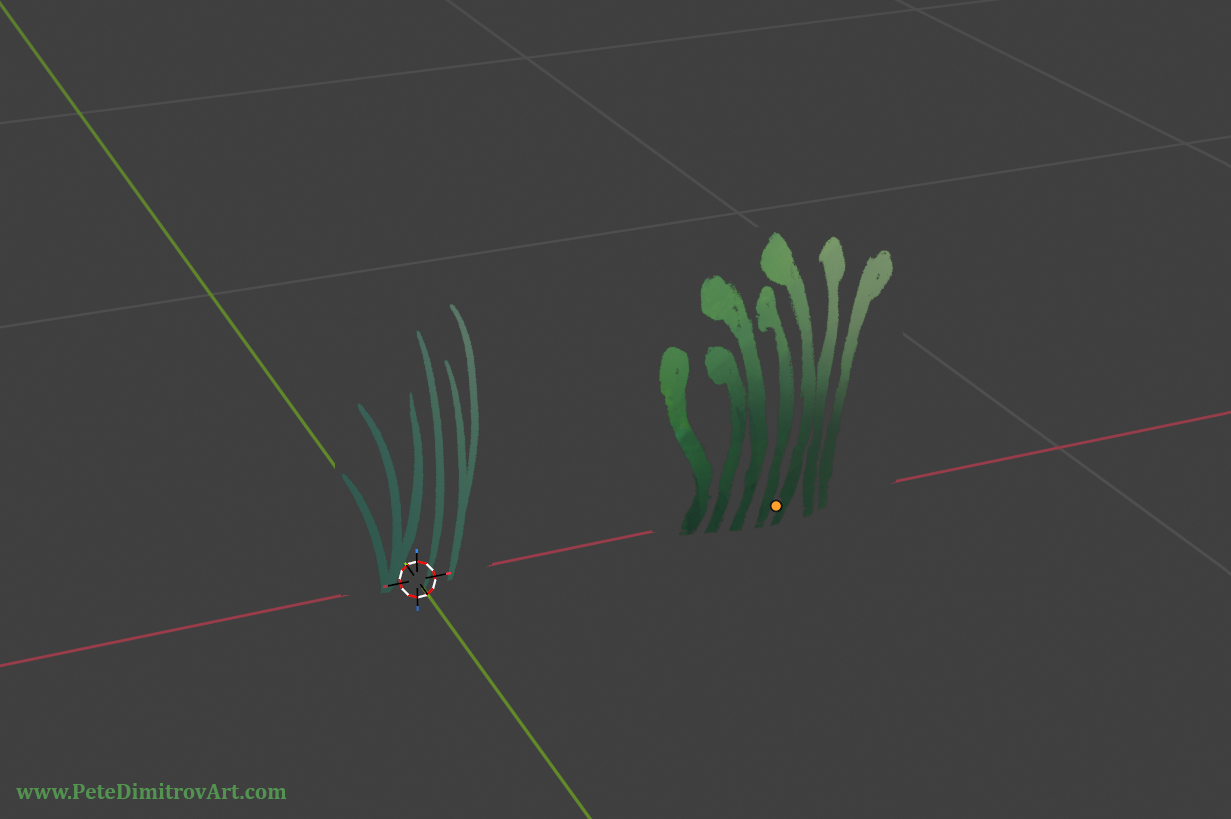 A Blender screenshot that shows two grass foliage assets placed next to one another.