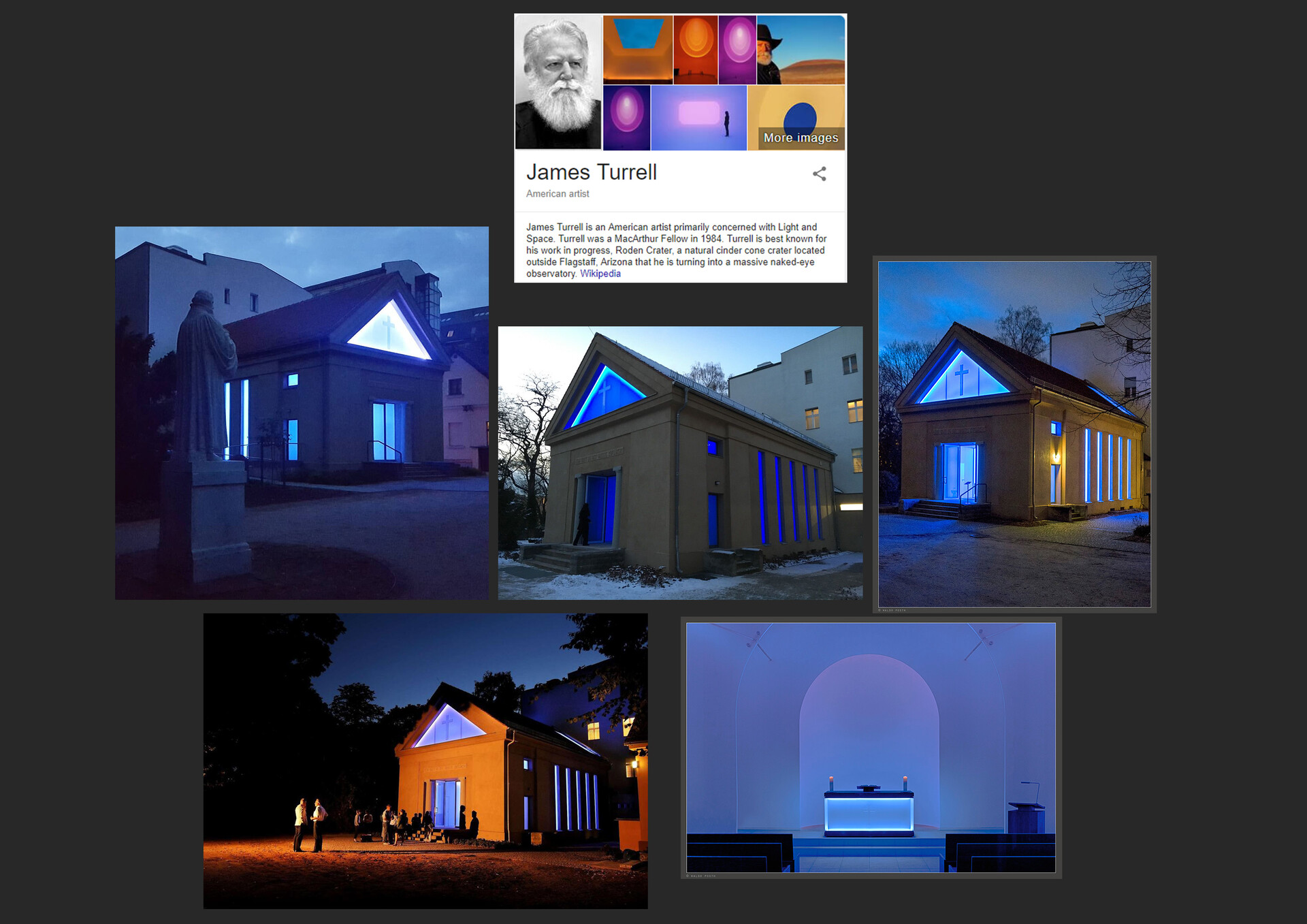 A reference sheet with images from the works of James Turrell. Depictions are of small, brutalist, concrete chapels that have staggering, blue neon lights on their faces.