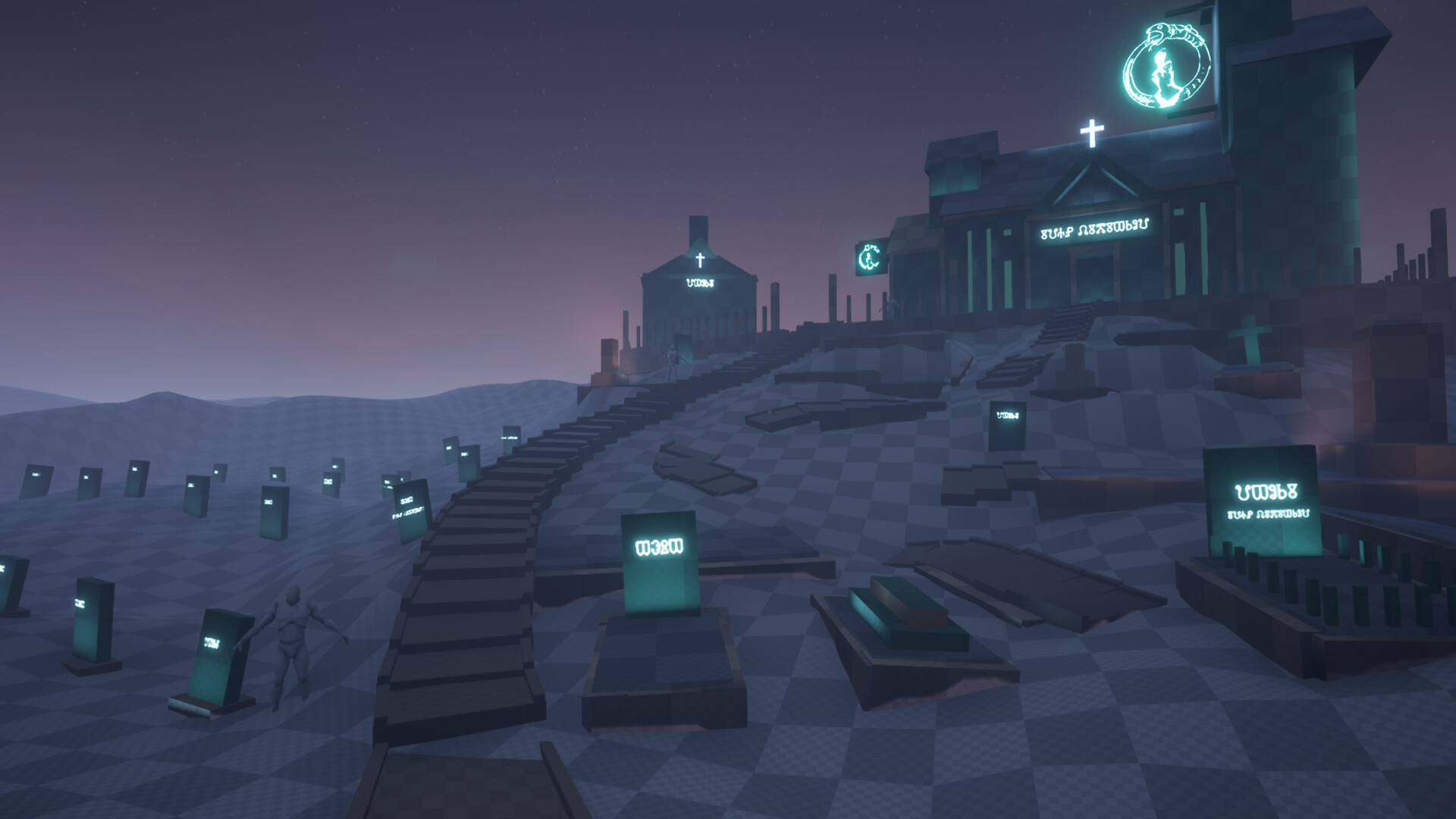 Progress screenshot from UE4. Showcases the previous placeholder hill and chapel on it. Now everything has progressed further and there are neon gravestones scattered around too.
