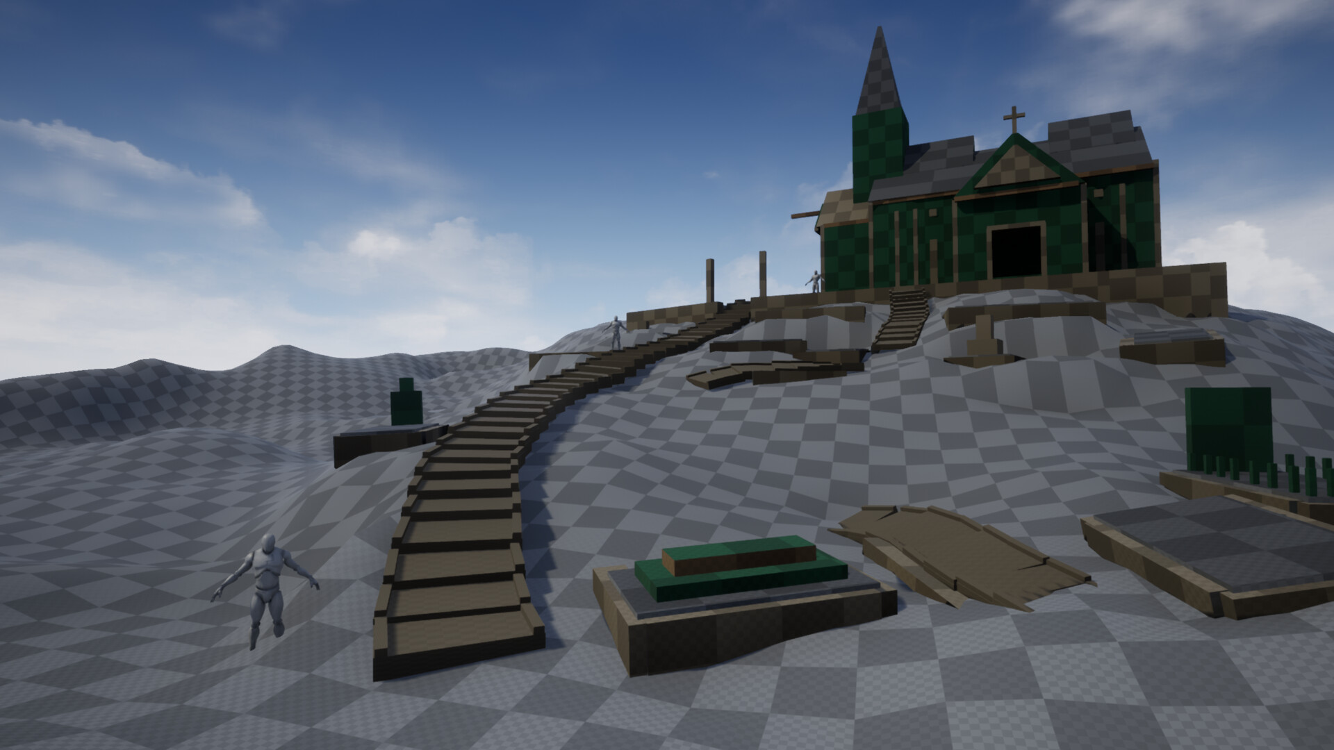Early screenshot image from Unreal Engine 4. Most of the image is taken by gray, placeholder checkerboard landscape. That land forms a little hill that steps lead to. On top of the hill is a blockout of a small chapel in green and warm gray material placeholders. 