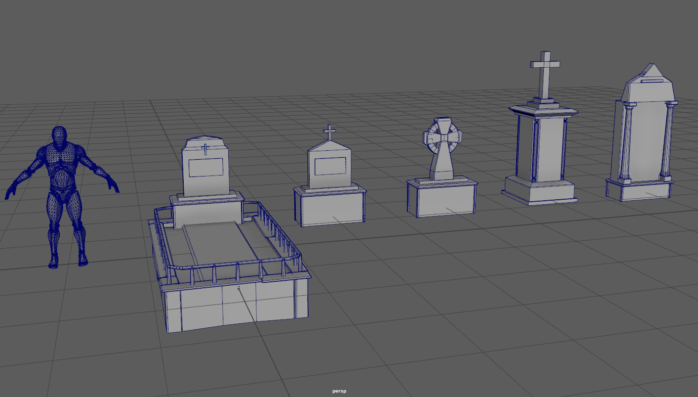 Another Maya screenshot. To the left is an Unreal mannequin in a T pose (or A pose more like). To the right are five gravestone and headstone tablets. All in different shapes.