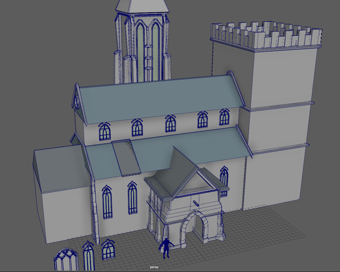 Screenshot from Maya. Showcases the cathedral blockout and modelling. There is a tower in the background. All materials are gray and blue placeholders.