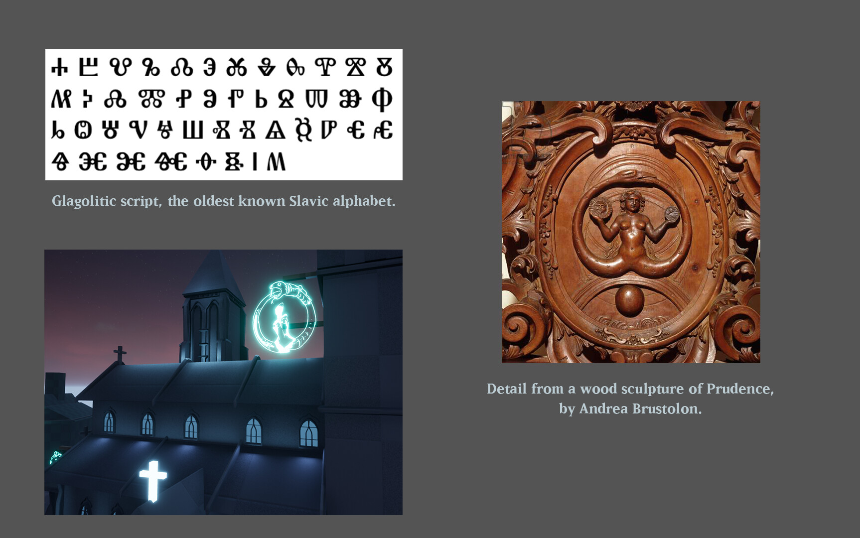 To the top left is a screenshot of the Glagolitic script, the oldest known Slavic alphabet. Below it is a screenshot from the cathedral, zoomed in. To the right of those two is a detail from a wood sculpture of Prudence, by Andrea Brustolon.