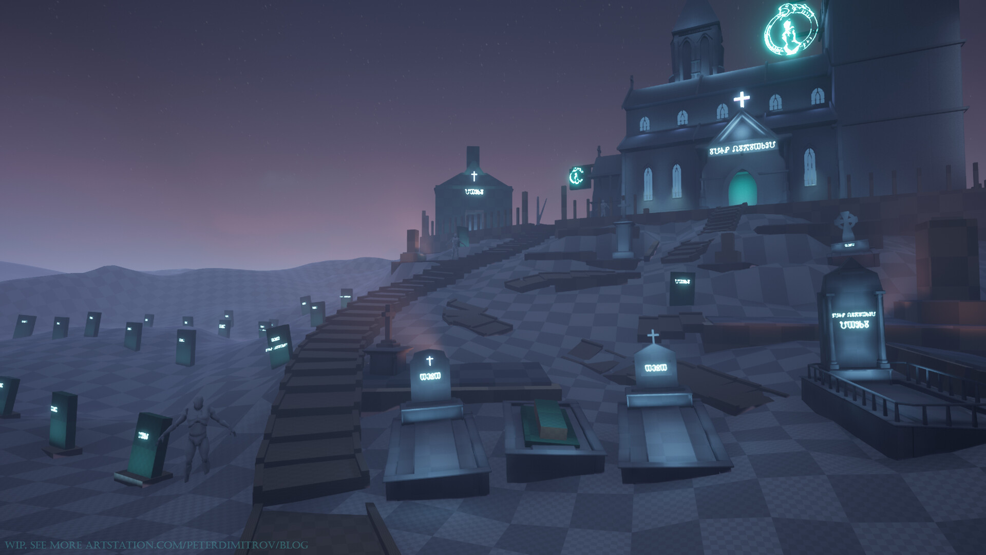 UE4 screenshot showcasing barren, checkerboard textured landscape. On it there are lots of gravestones with neon sings. The cathedral in the distance now has neon signs attached to it too, and compared to the previous post images is larger in scale.