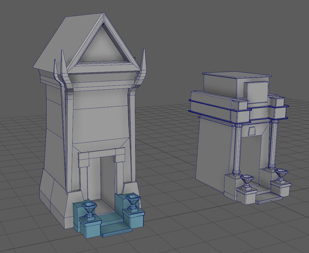 Screenshot from Maya showcasing two crypts and mausoleums. One has a triangular roof. The other one is flat and more modern and brutalist looking.