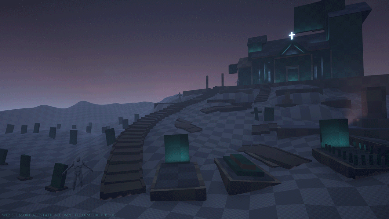 Animated gif progress showcasing the place going from barren and lacking mausoleums to more populated with those props.
