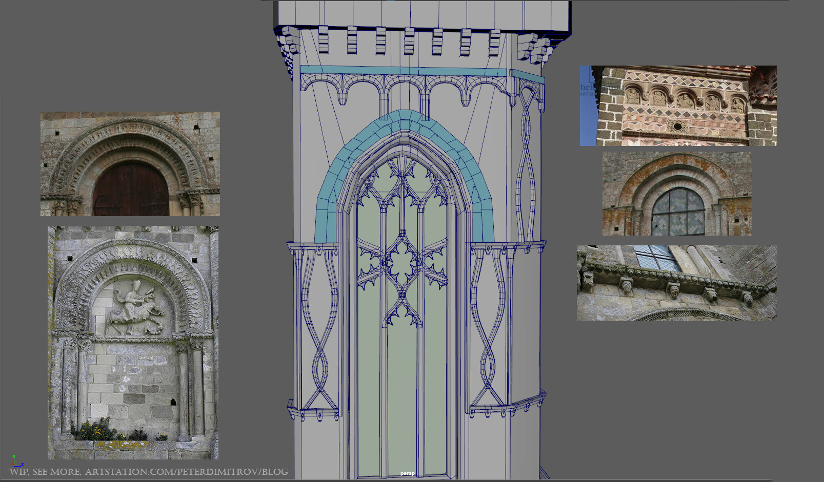 Maya screenshot showcasing the cathedral main body and its stone carving details. On the left and right are some real world photo references of the same stone motives.
