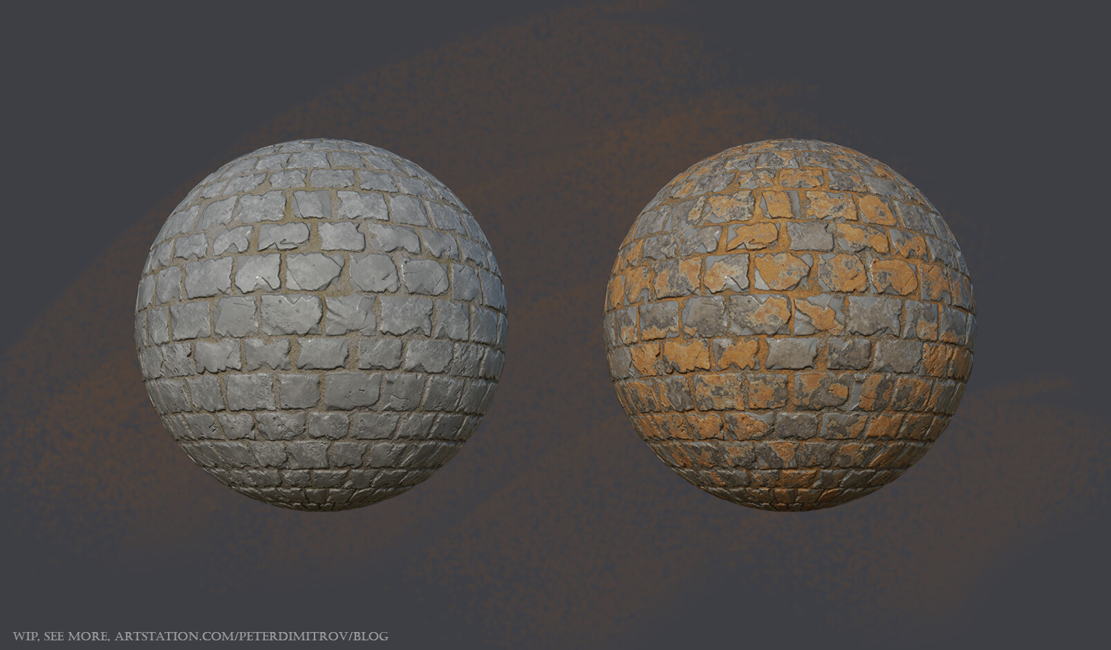 Two UV spheres with materials on them. To the left is one that is gray bricks. To the right is the same brick pattern but now damaged in orange grime.