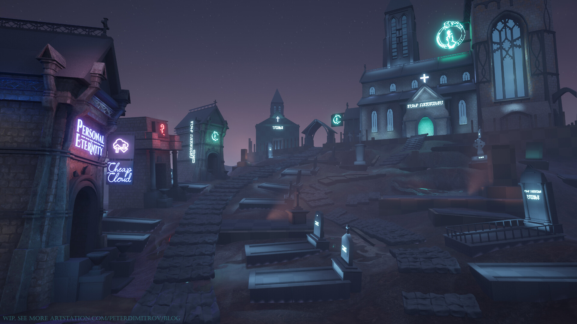 Main camera screenshot from Unreal. The mausoleums to the left of the path leading to the cathedral now have textures on them. Their signs are also improved slightly.