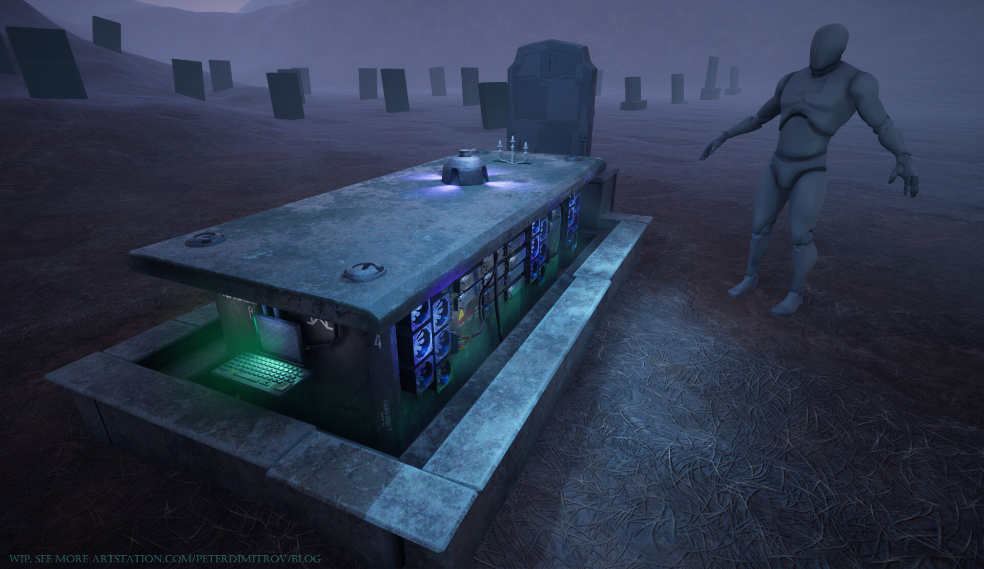 Screenshot from Unreal showcasing flat land with a mannequin in A pose. Next to the dummy is the open graveyard casket, turned into a server rack. Lots of green and blue, cyberpunk lights are scattered on it.