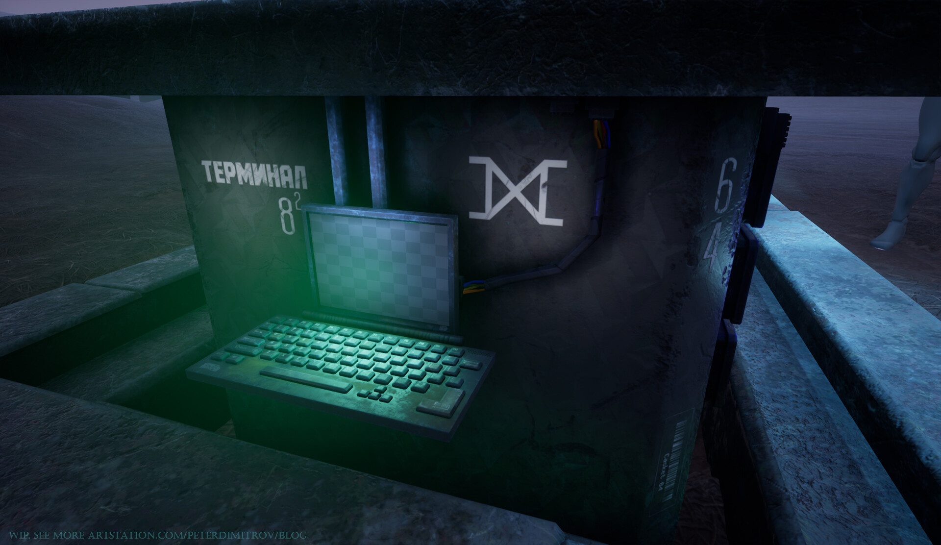 Close up shot of the terminal. Looks like an open laptop illuminated in hacker-like green light. The screen still has a placeholder checkerboard.