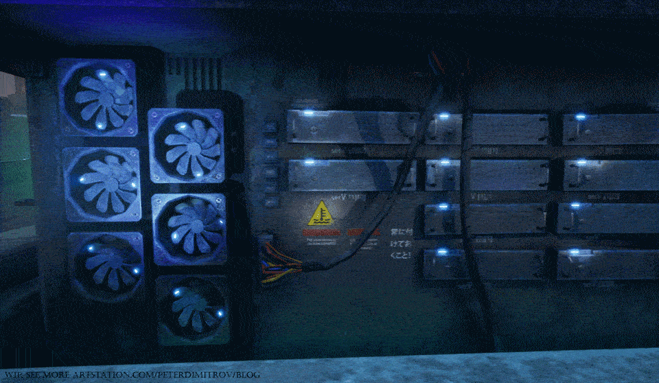 Shot similar to the previous GIF but now the camera pans from left to right. The server racks have blue light dots on them.
