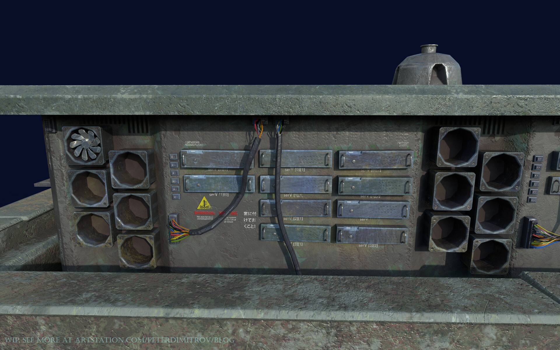 Iray render of the side of the server-casket-rack. The ventilators gaps are empty, but for one of them, indicating how the UVs and geometry is reused.