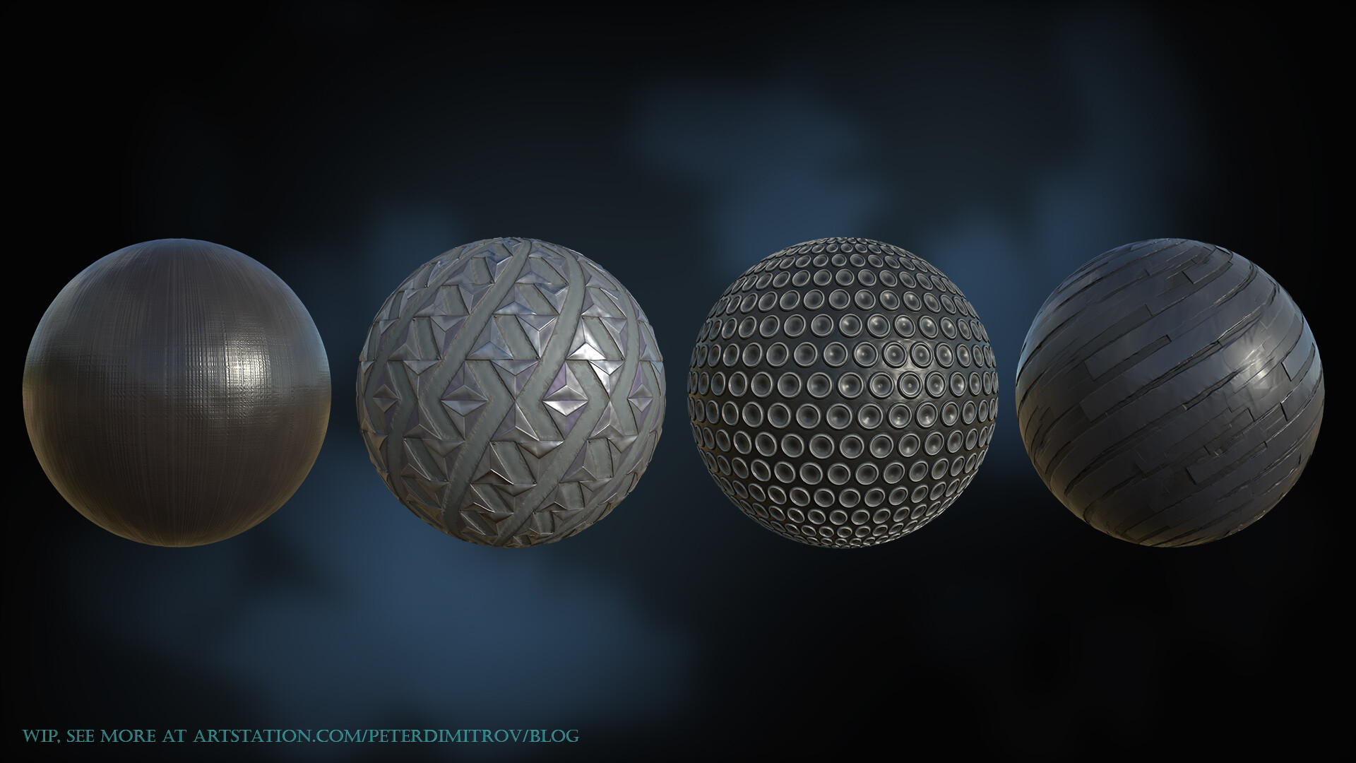 Four UV spheres put against a black and blue background. The spheres are shaded in material graphs of: plastic; sci-fi looking triangles pattern; dot pattern and electrical tape texture.