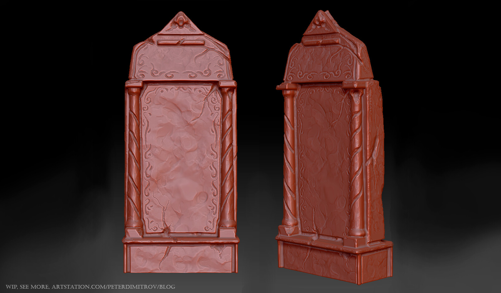 Zbrush screenshot of some of the headstone sculpts. Showcased in the typical, red in color, Zbrush shader.