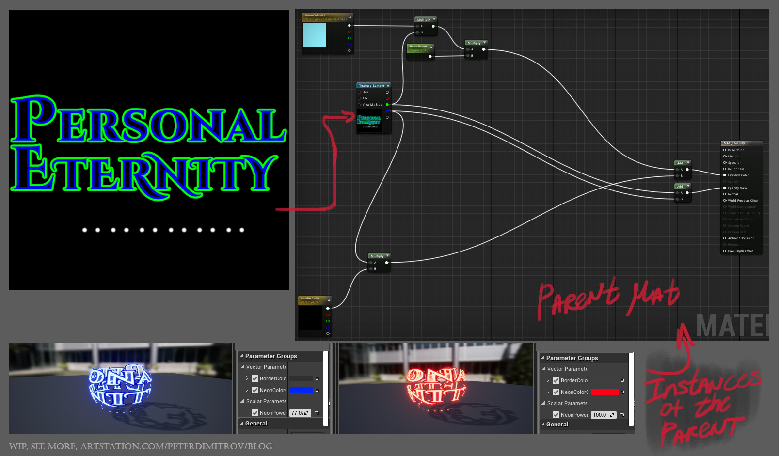 Unreal material graph UI view. Showcases the set up of the shader used for the texts.