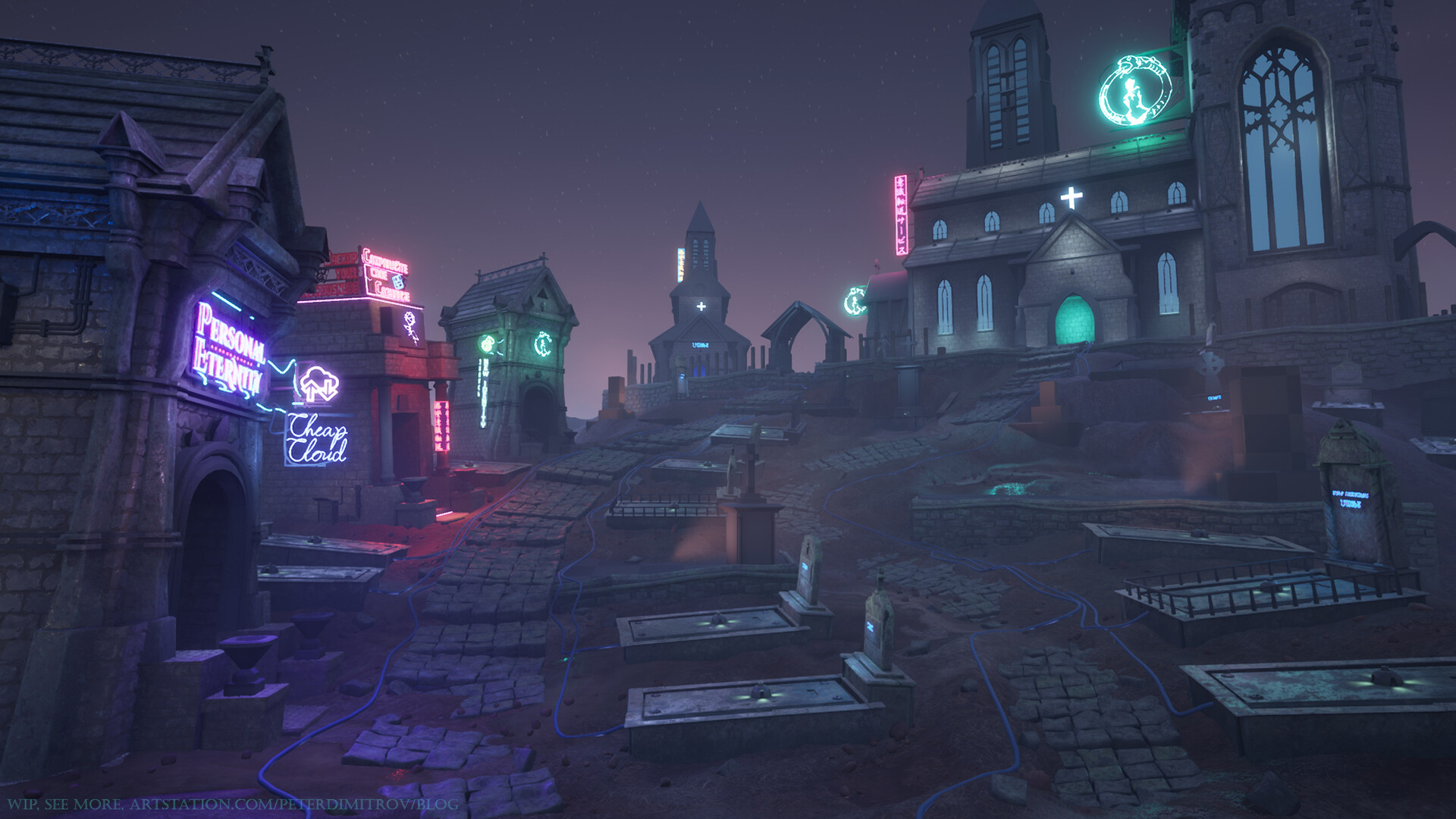 A look at the scene from the main camera angle. There are more neon signs on the mausoleums and the cathedral. They also now illuminate in electric colors the surroundings, as opposed to before when they were casting no lights.