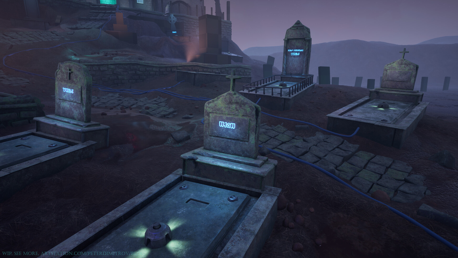Close up view of some of the gravestones with the caskets this time around sunk in and closed (the server devices not visible).