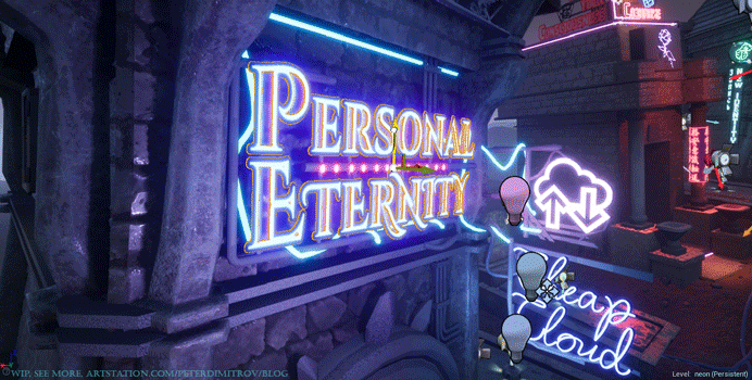 Tech showcase of the set up of the “Personal Eternity” neon. Blue colored alpha card text, with another one behind, in red, with a slight offset in position.