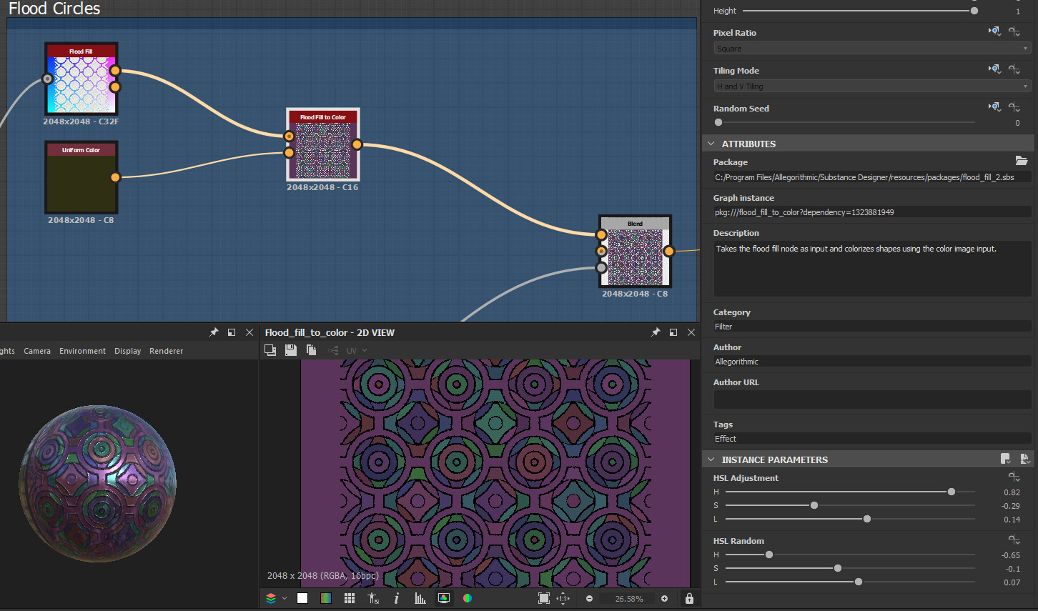 Screenshot from Substance Designer showing node set up that creates the above described colored circles for the stained glass. The screenshot is focused on “Flood Fill” nodes.