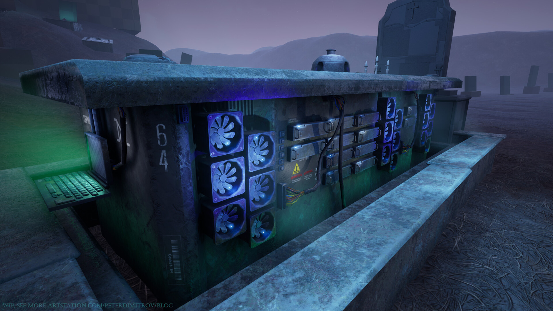 The cyberpunk casket, seen from an angle. Showcases mainly the ventilators and the server racks with their blue and green lights.