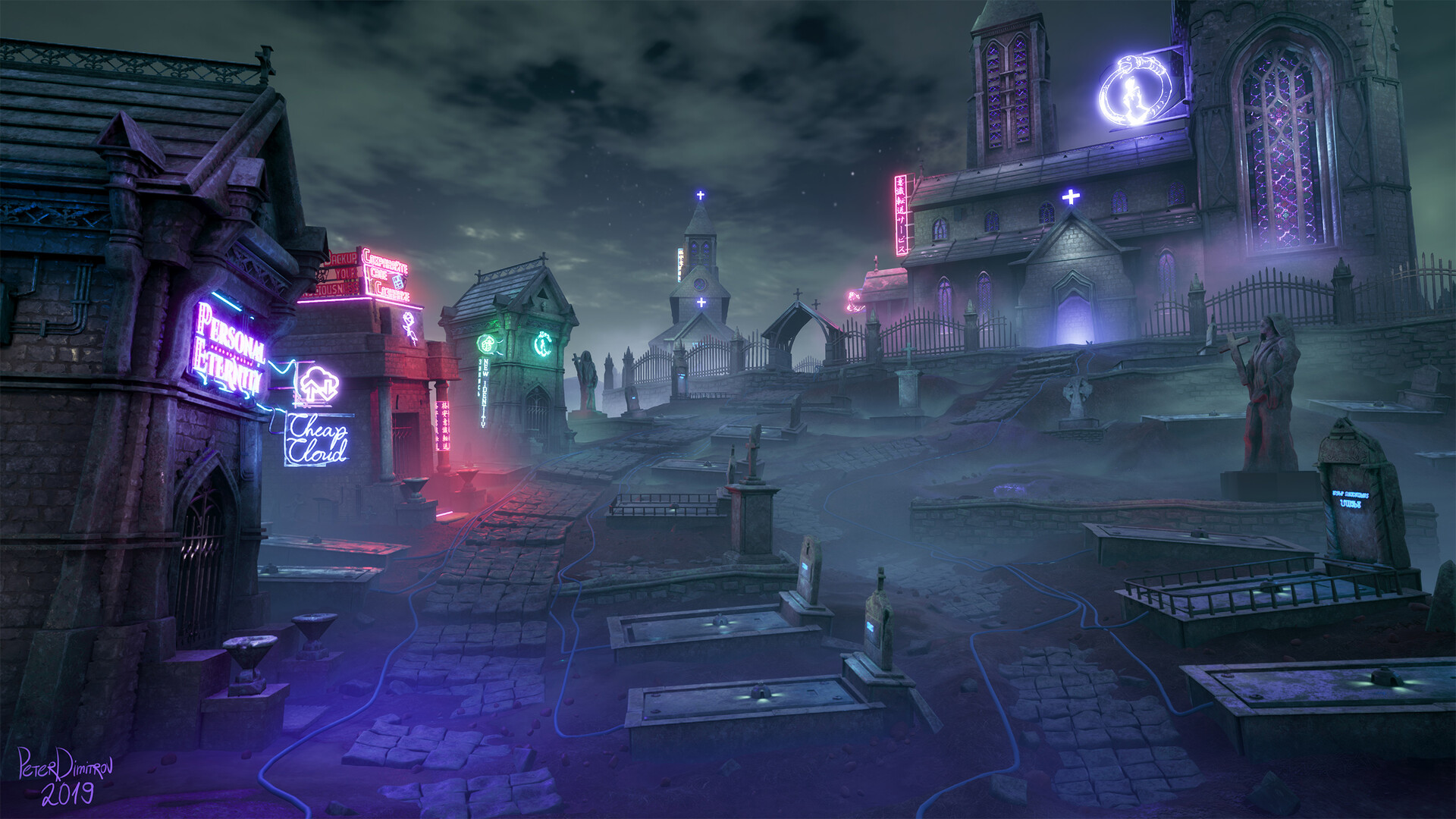 Main camera screenshot. Cobble path curves and leads towards a cathedral at the top of the hill. The cathedral, and some mausoleums around, are all decorated in neon sights and strong electric colors.