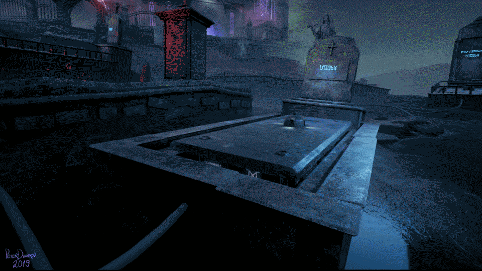 Animated gif with camera movement orbiting around a gravestone. The slot where the casket would go in suddenly opens up and reveals fans, server racks and cables.