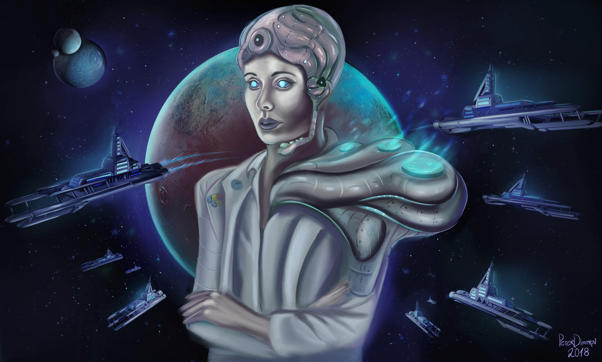 A woman dressed in a white shirt and an oversized, metal shoulder pad on her left. The shoulder pads has sci-fi panels and textures. There are also circular elements with teal, sci-fi glow on them. The woman has a headset with a microphone. Her eyes are hologram-like teal color. Behind her is a planet. In all directions, facing away from the planet as a center point, lots of large spaceships fly away. They are on a voyage towards the stars.