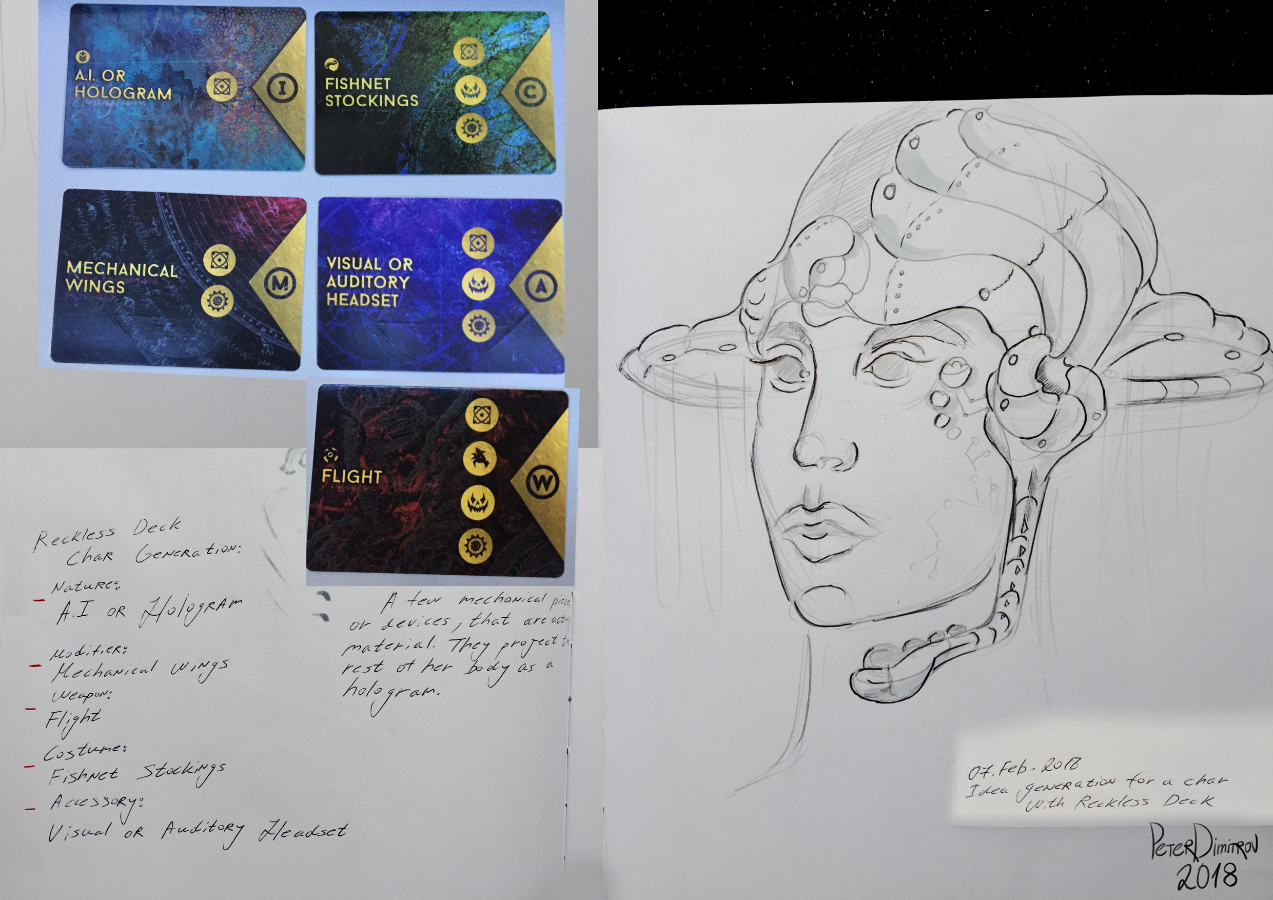 To the left are randomly picked cards from the Reckless Deck. To the right is the portrait sketch I started the painting with. The sketch showcases the AI character with her sci-fi headset.