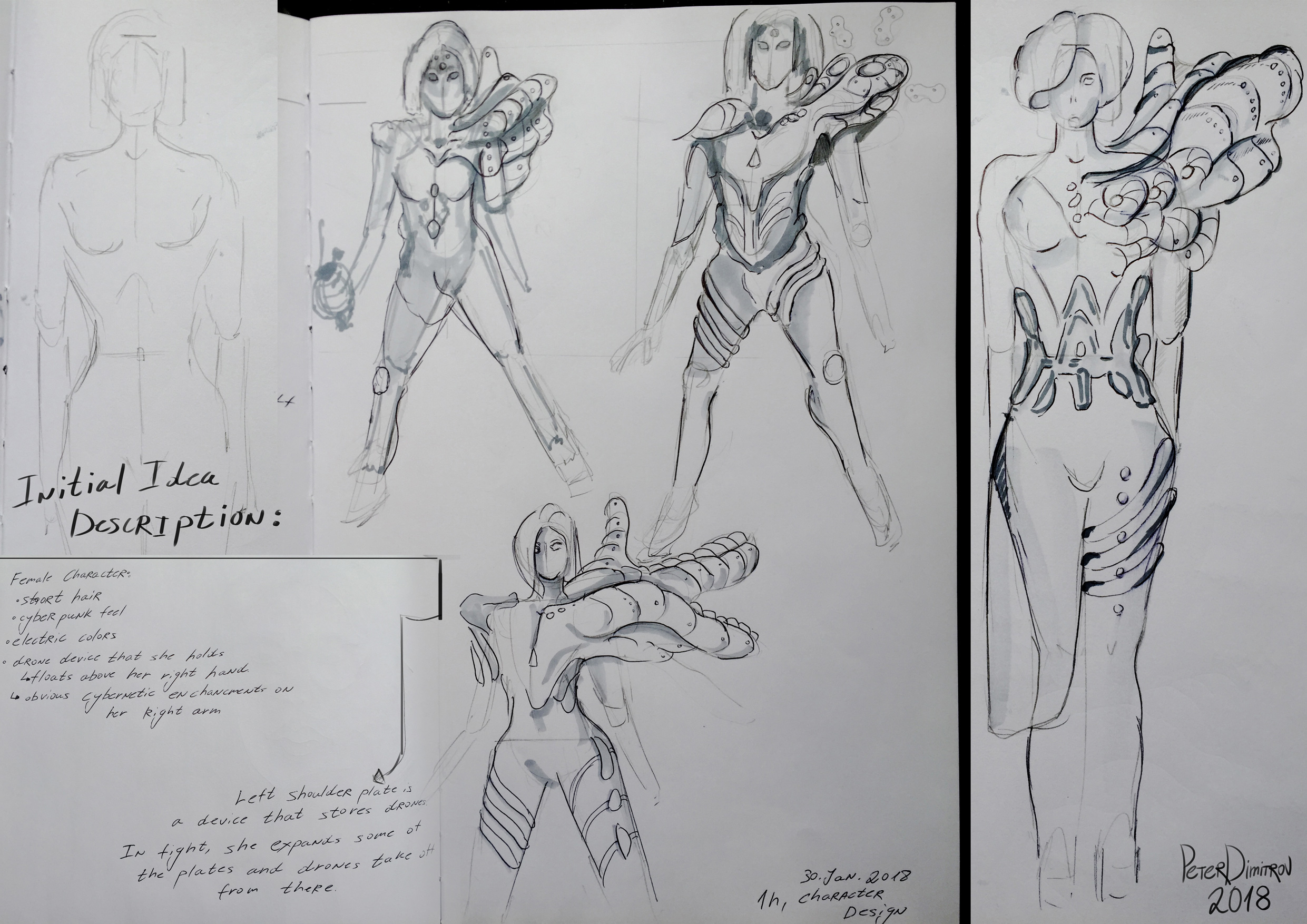 Few pages of sketches done in cold color markers. On top outlines are sketches in a black ballpoint pen. The sketches consist of full-body, concept art exploration of a woman character with oversized metal plate shoulder on her left.