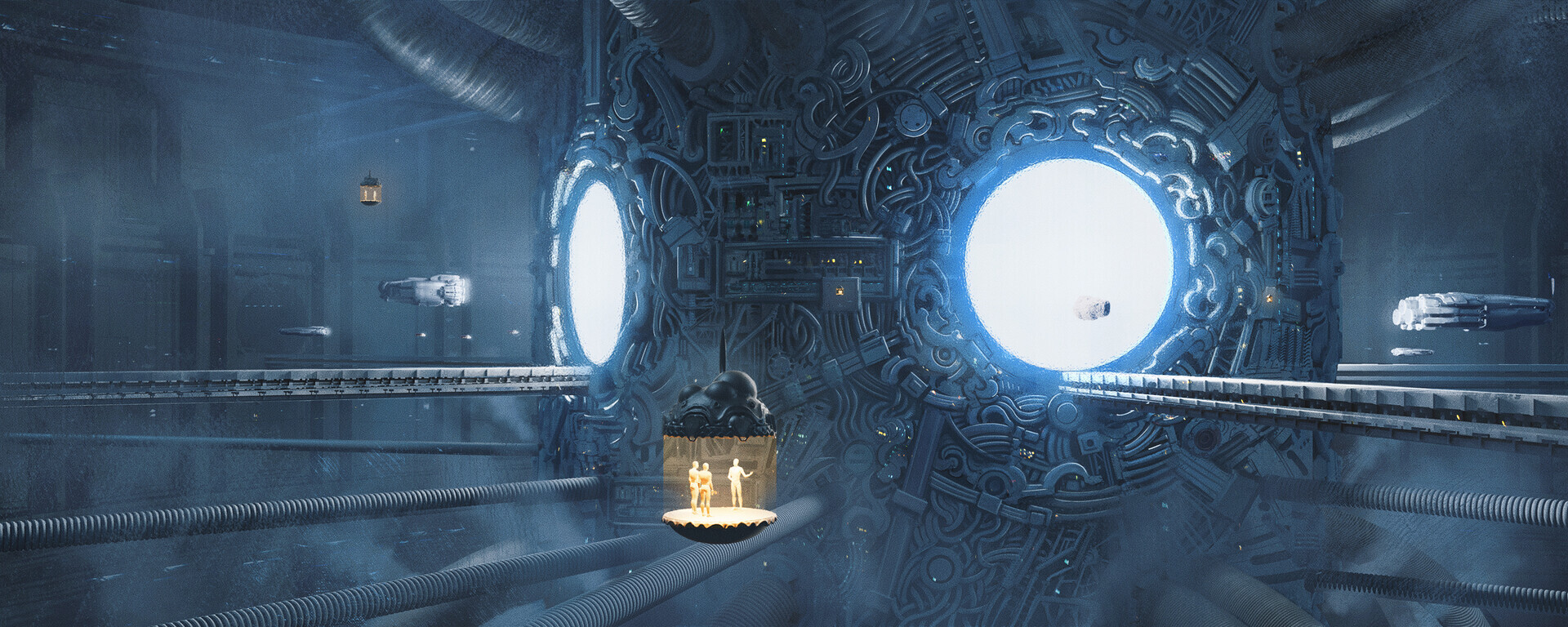 2D concept art depicting a large, cylindrical portal. Out of it come lots of pipes and metal details. There are spaceships and floating platforms with humans on them. The platforms are in a staggering contrast, all in yellow against the dominated in blue portal. Art by Victor Fritsch.
