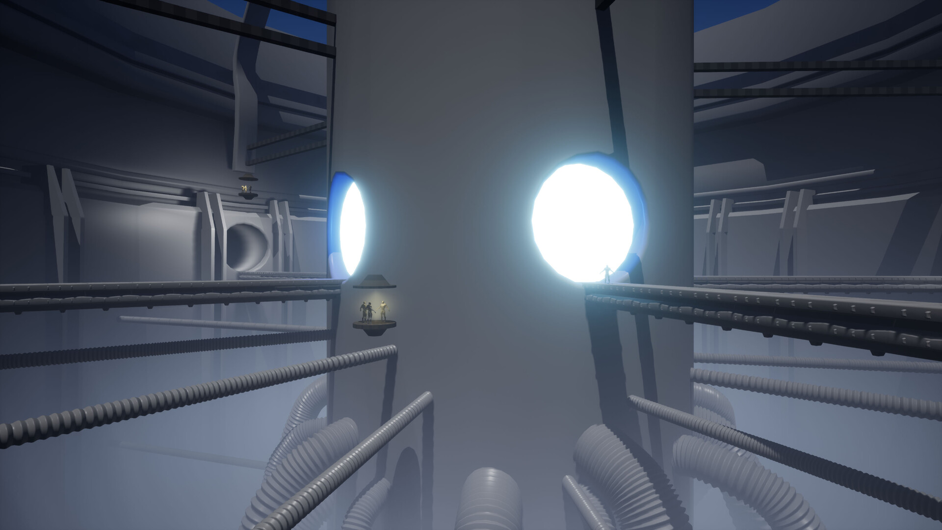 UE4 screenshot. Large, gray cylinder with gateway-like cuts. Inside the cuts are overpowering, blue emissive cards. Around are long, straight pipes and metal platforms that go outwards of the platform in all directions like chains.