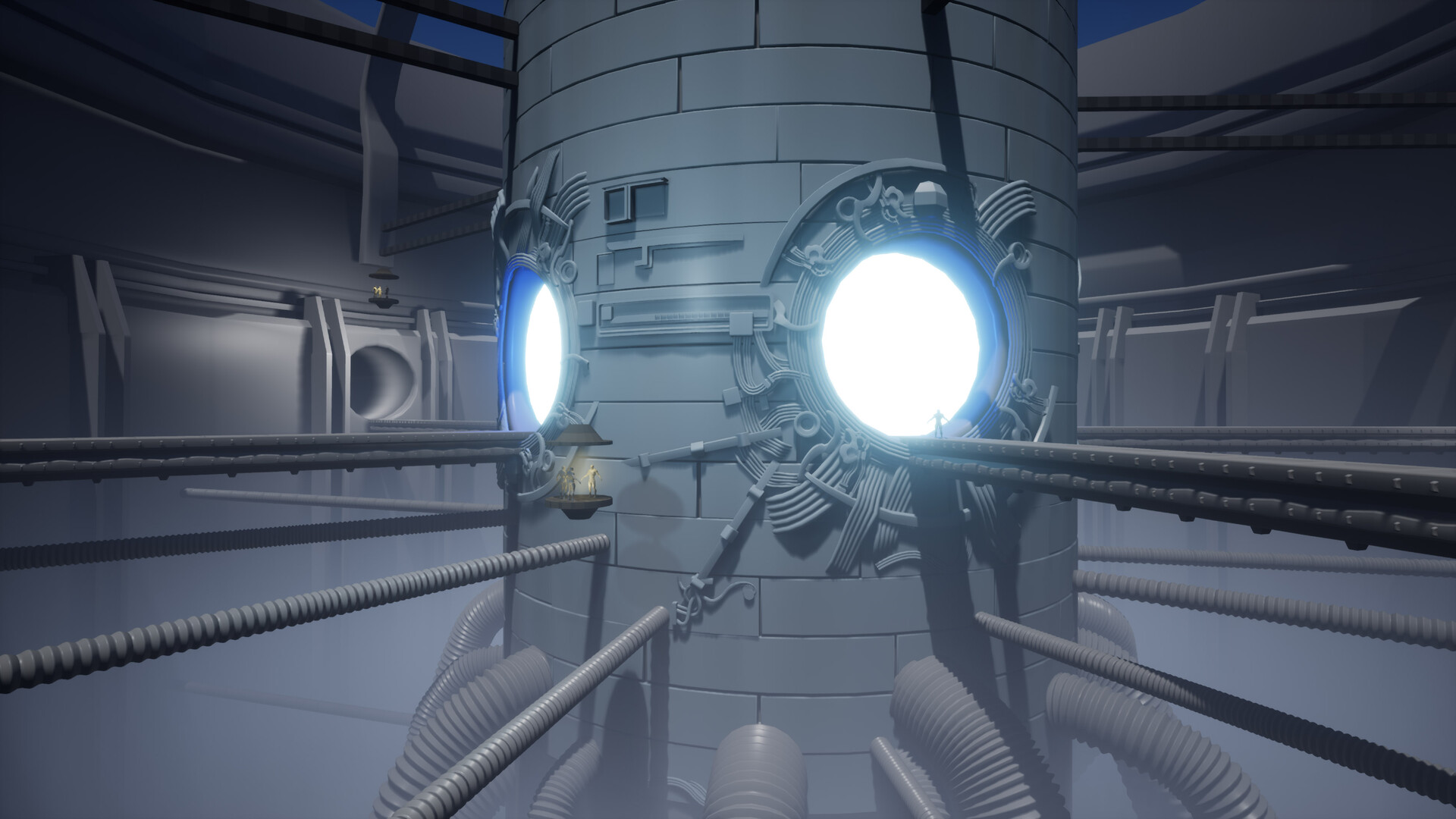 Main camera screenshot, showcasing the cylindrical structure. Compared to the last blog update, this time around the portal openings have a frame around them consisting of wires and greeble details.