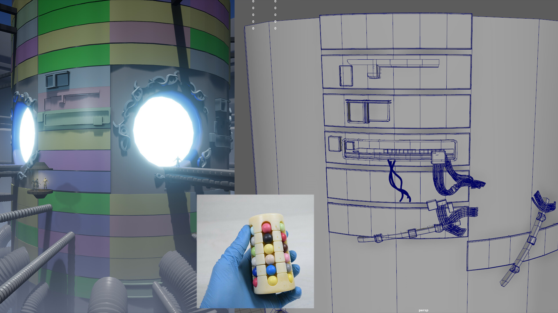 Three screenshots put next to one another. First one is UE4 shot that shows the cylinder with panels color coded to show the asset usage. Second is a hand holding an old Soviet puzzle toy. Third is the panel cuts from one, but this time showed in Maya with details.