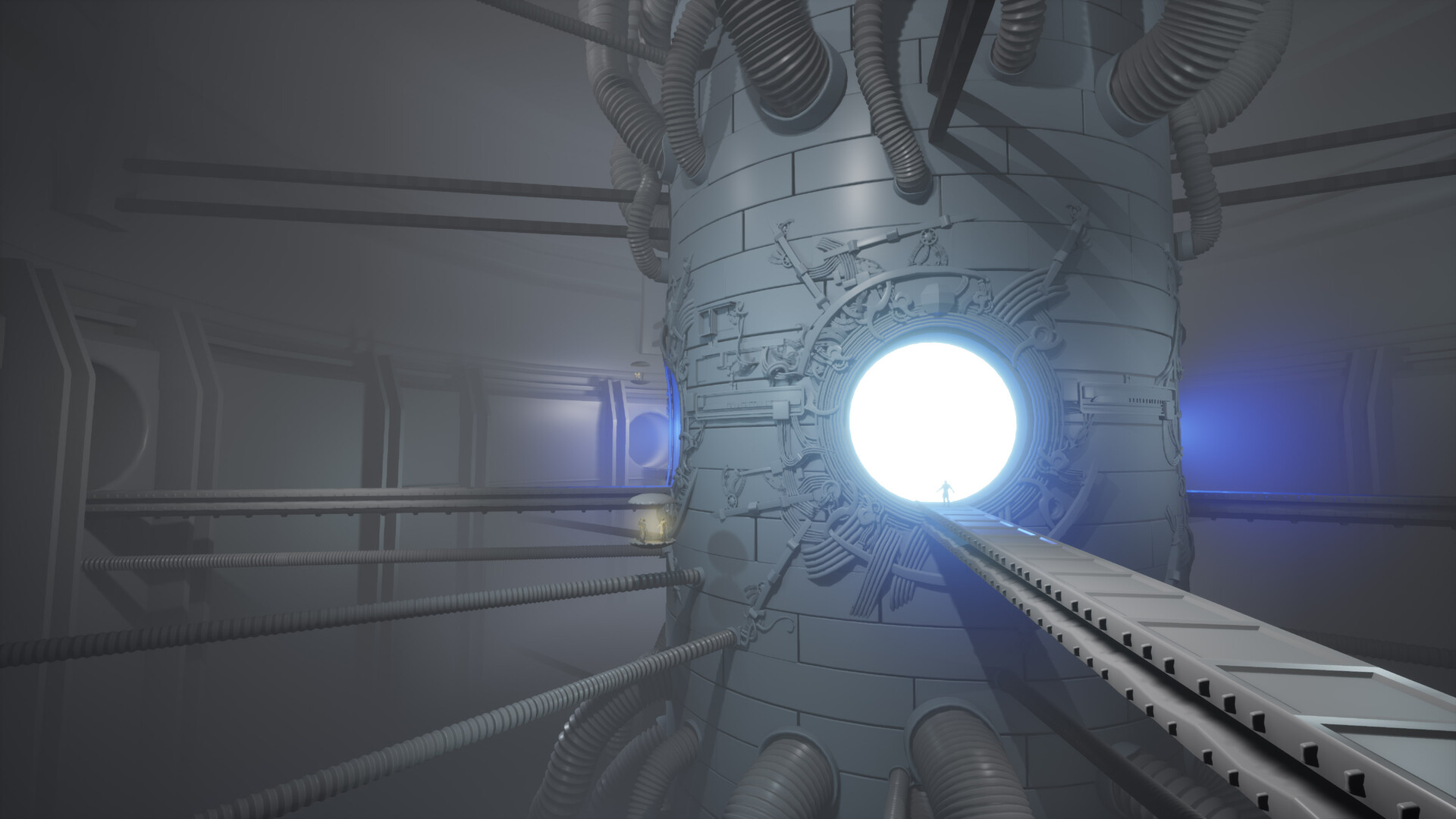 Another angle from UE4. The cylindrical device, with a metal platform to the right. The openings of the portals spill an overpowering, saturated blue color in the volumetric air.