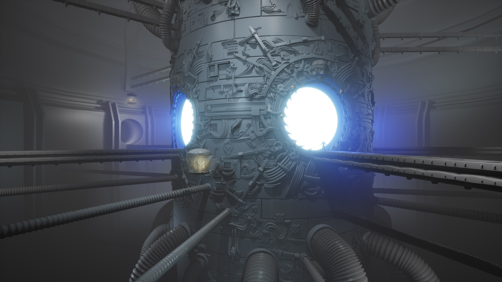 Main camera angle from Unreal 4. Compared to the last blog post, now the greeble panels are much more populated with little details. The portal has a sharp fang-like aperture around it.