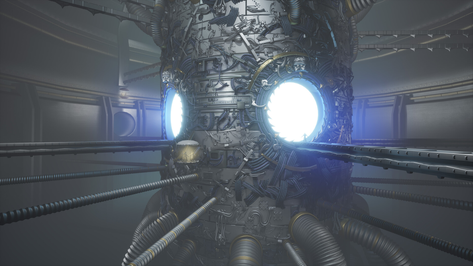 Main UE4 camera shot, showing the portal cylinder. Material and texture work can be seen, with the greebles now having metallic shine while cables appear rubber and blue and there are some golden trims scattered too.