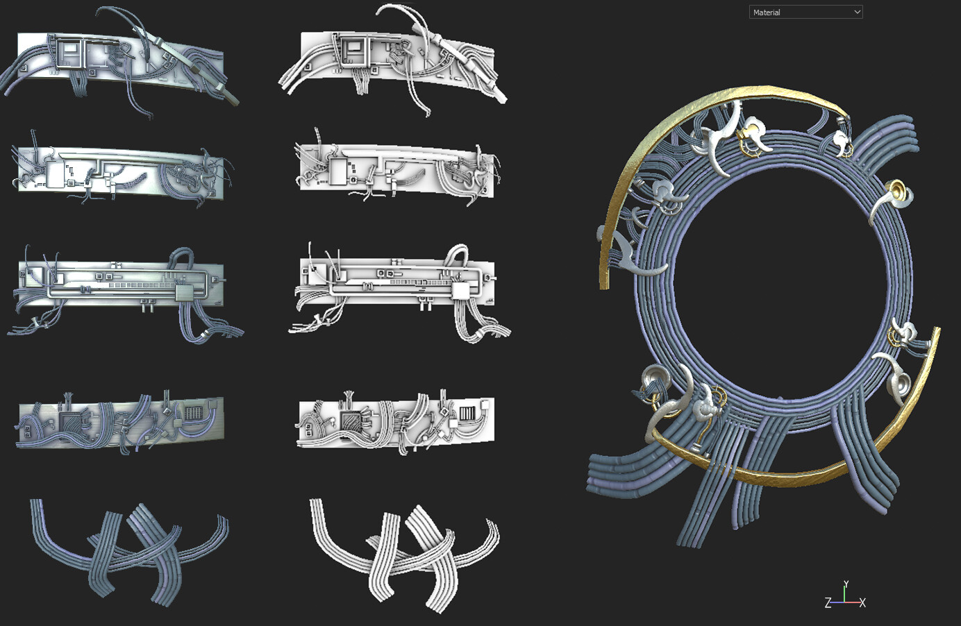 Substance Painter screenshot showing 4 panels and a cable asset bundle. View is Material to the left and AO to the right.