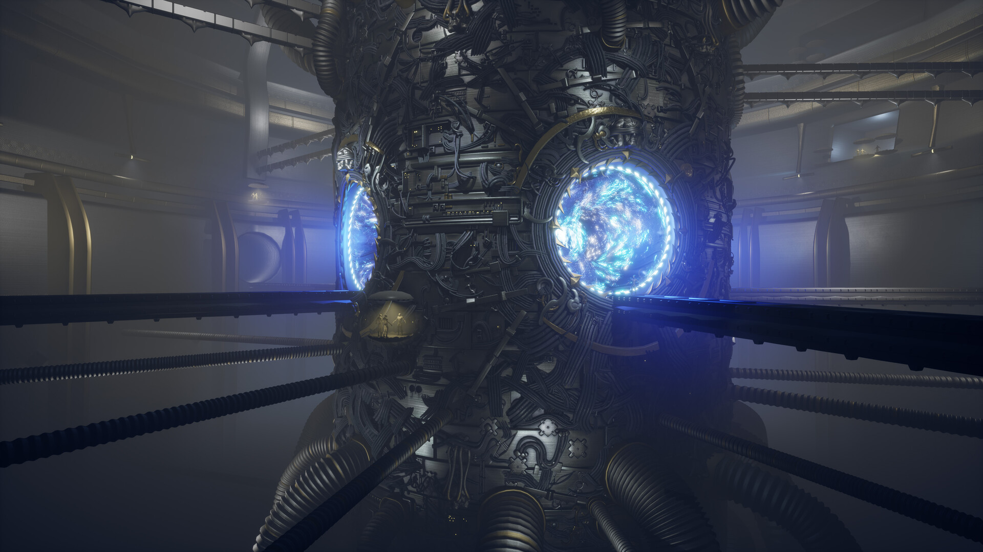 Main camera angle, Unreal 4. Shown is the large, cylindrical portal structure. The gaps where the portals are, that were blank, emissive cards before, are now replaced for fluid-like VFX shader on a tori.