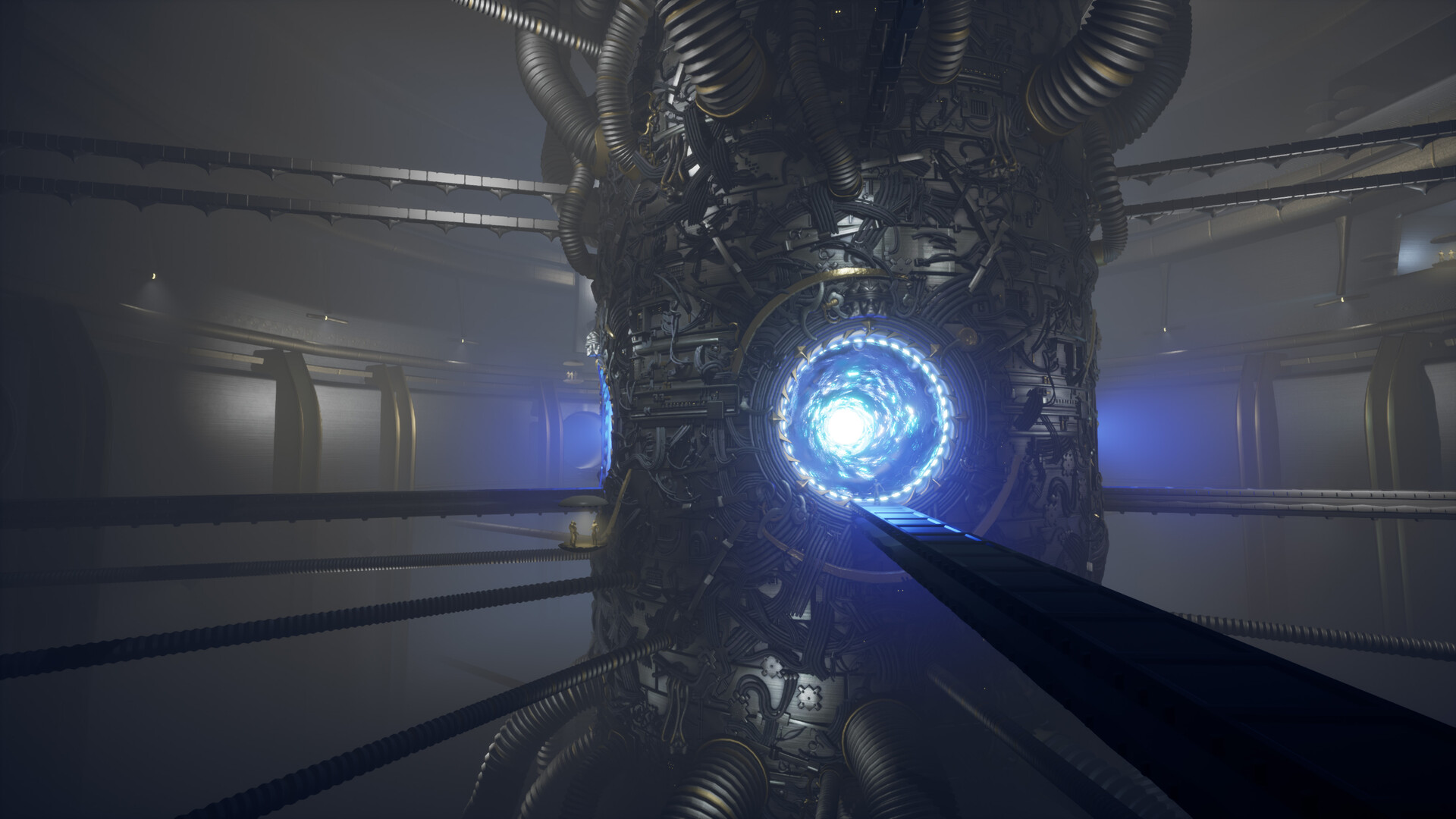 Side angle screenshot from UE4. To the right is a dark, metal platform. It leads straight into the portal.