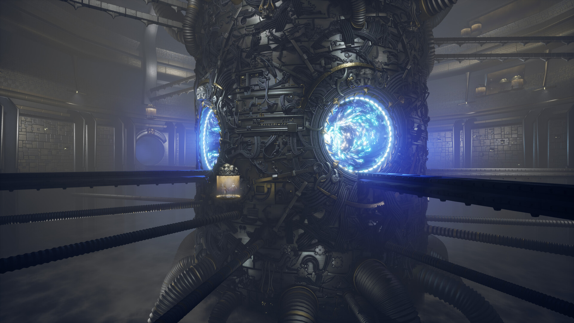 Main angle camera screenshot from Unreal 4. Progress from last post showcases lots of splashes of gold and yellow on the surfaces of the portal cylinder and its greebles. There is also some of that, together with sci-fi, square grid wall textures, in the background.