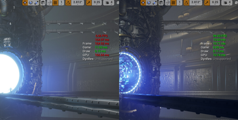 Two screenshots from the Unreal Editor. Left shows “stat unit” at 60.6 FPS, 164.97 ms (with hit mostly on GPU). Right image shows the same, but after fixes up. Reads 94.33 FPS, 10.60 ms.