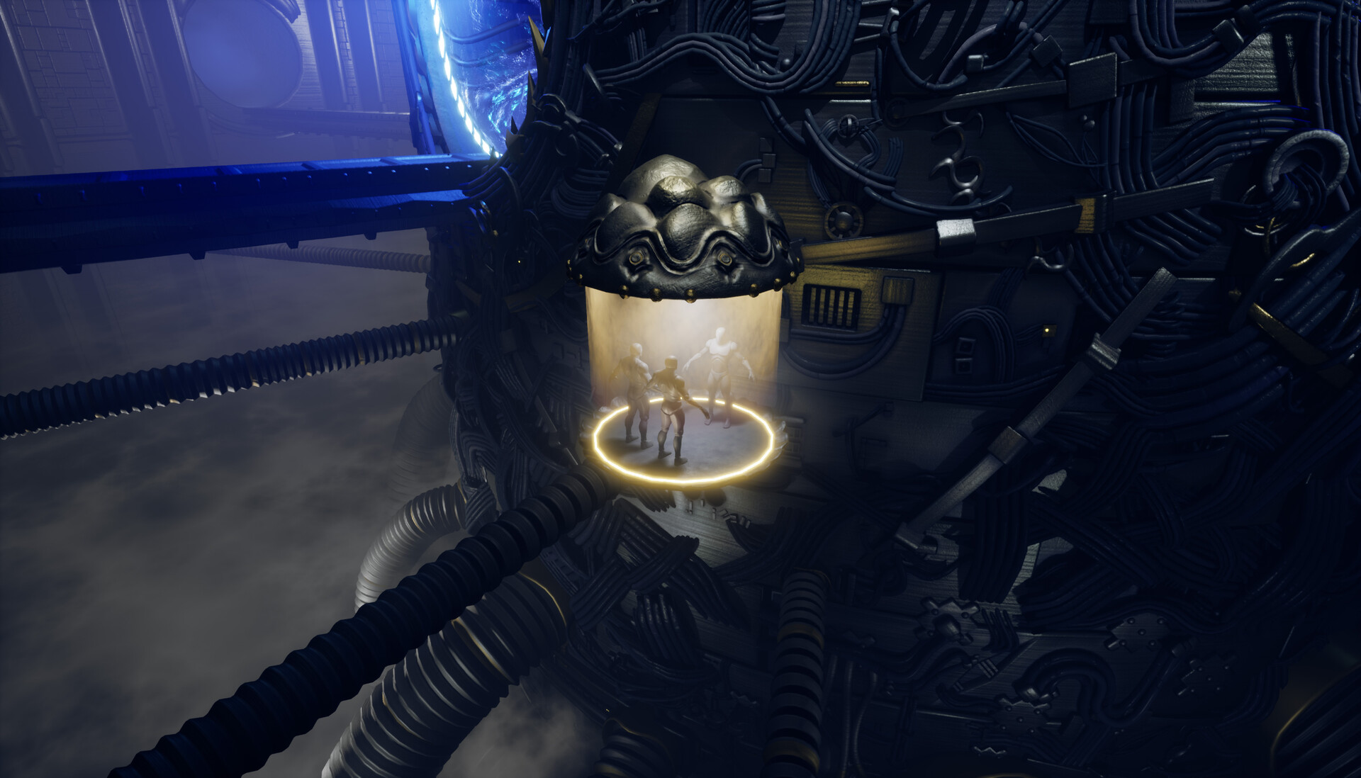 Close up screenshot of the floating platform. Its top and bottom are Zbrush sculpts showing metal with intricate carvings. In the middle of the platform stand 3 UE mannequins in an A pose. Around them is a strong, yellow emissive ring.