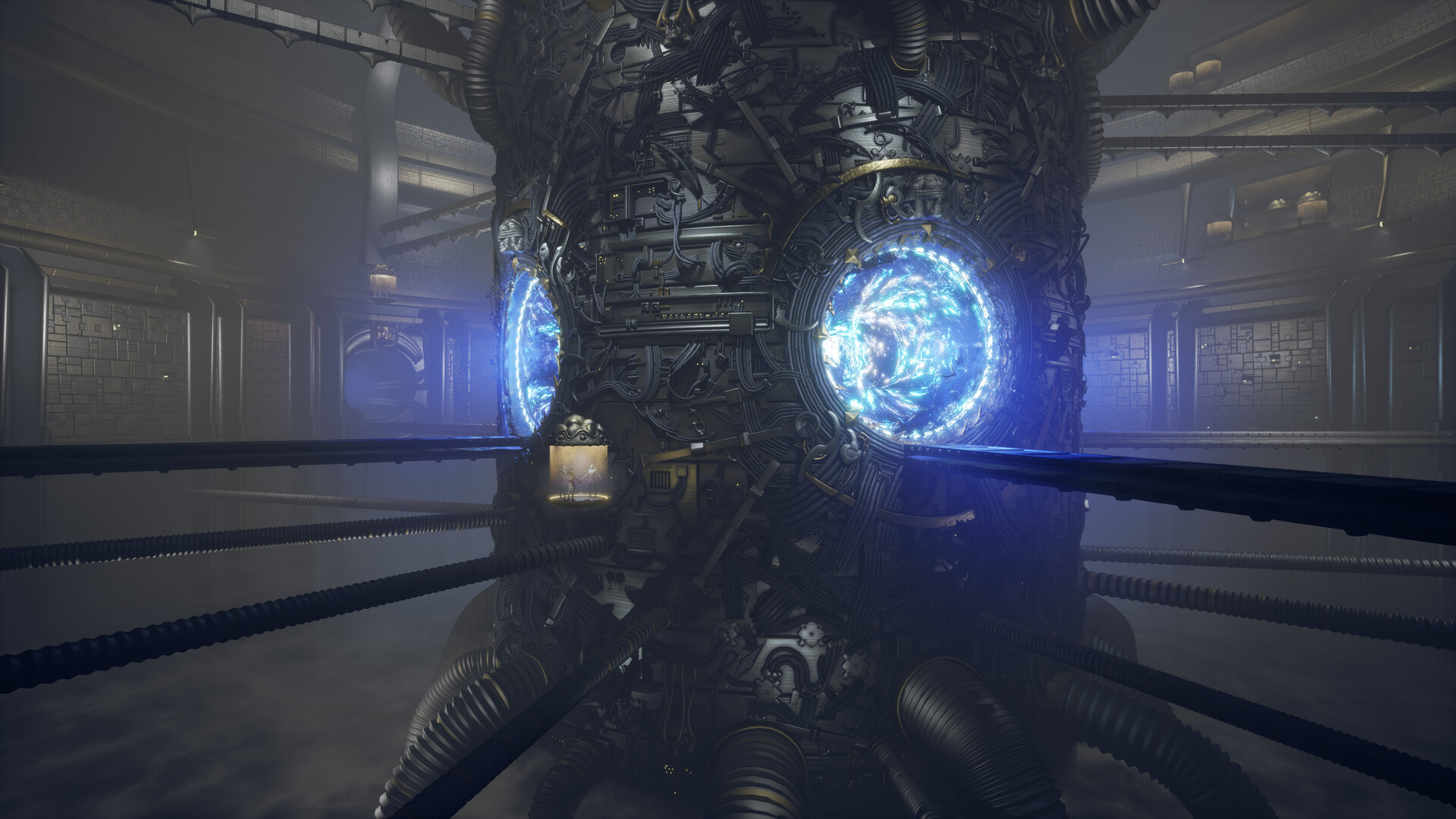 Main angle screenshot from Unreal 4. The cylinder large structure of the portal device is in focal point of the image. The openings with the portals now shimmer in additional emissive sparks on their VFX tori.