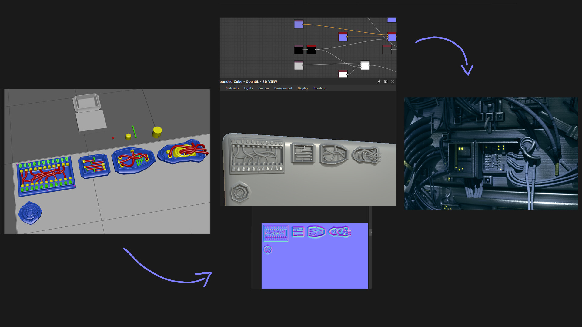 Few screenshots overlaid in one picture. To the left: 3D viewport shot from Maya. Shows 3D, highpoly, hardsurface details. In the middle: those same 3D pieces loaded into Substance Designer and baked onto flat planes, producing 2D textures. To the right: the baked normal details used on some of the geometries in the scene.