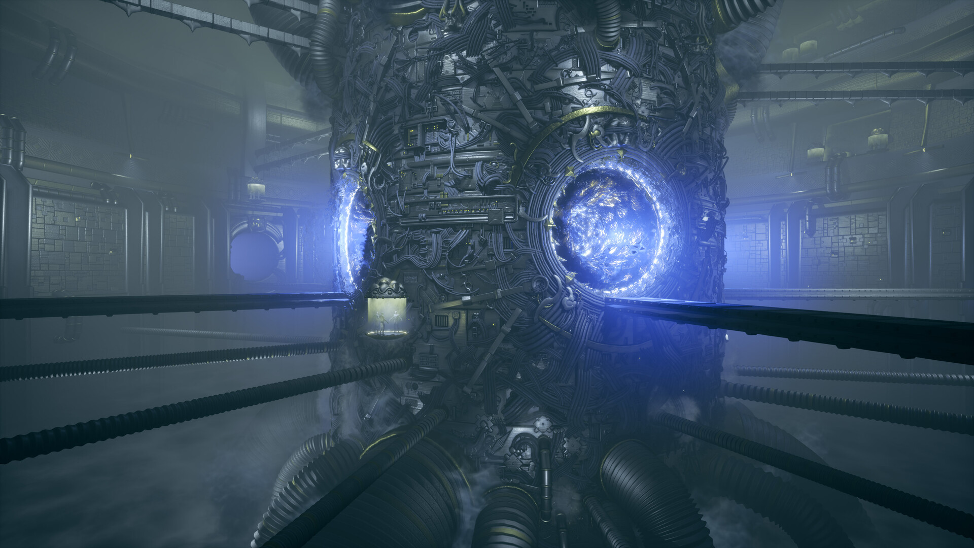 Main camera angle from Unreal, showing the cylindrical mega-structure and its portals. When compared to the previous post, the blue glow from the gates and the VFX for the portals is much more powerful. The piping on the ceiling and the floor now also give off smoke and vapour VFX, showcasing radical changes in temperature.