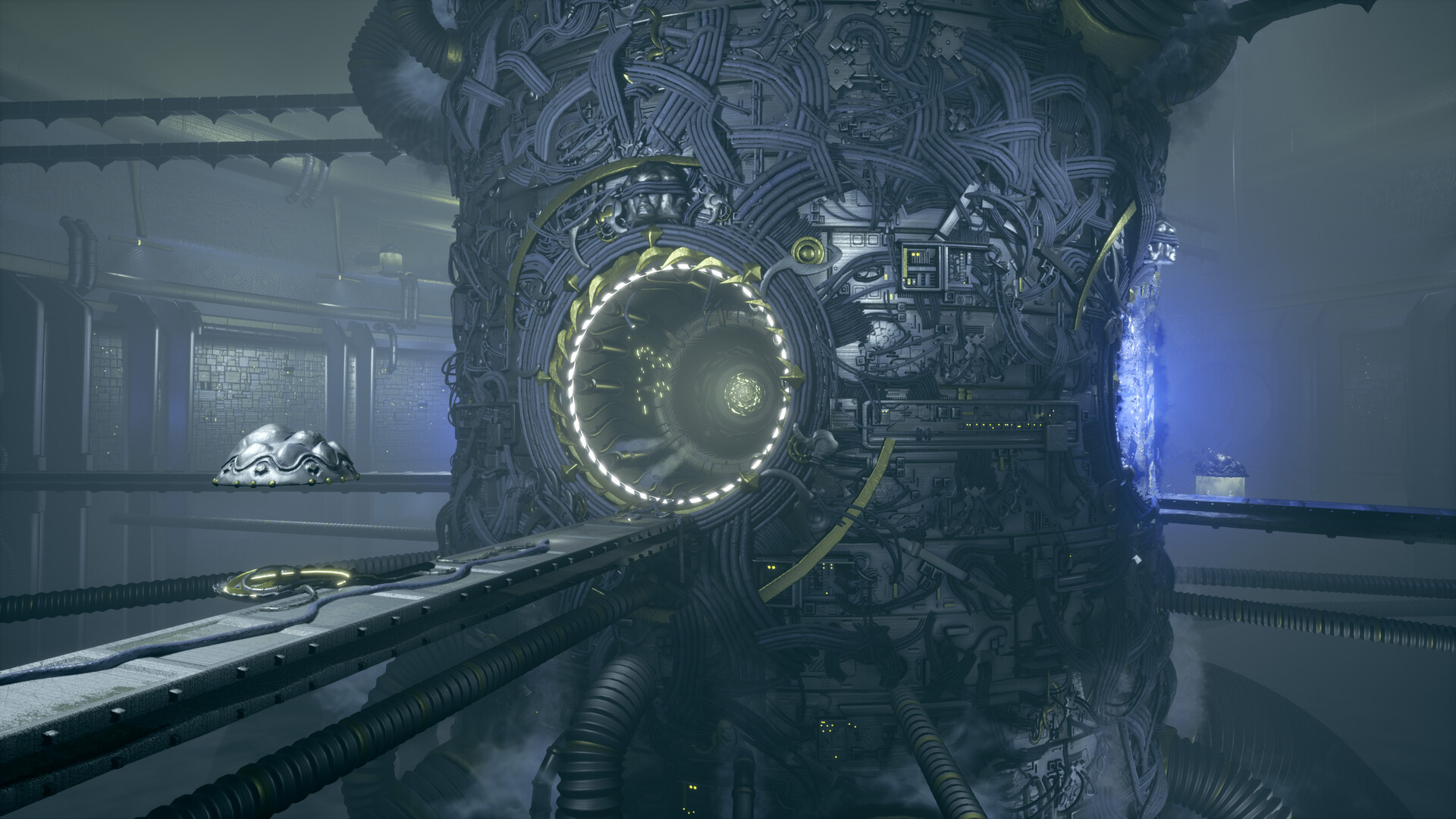 The side of the portal megastructure that has an opening malfunctioning. Next to the long platform leading to the portal diaphragm, there are now cables and an empty floating platform otherwise used by people for transportation and maintenance.