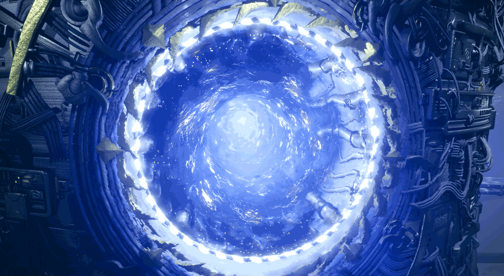 Close up of the portal VFX. Lots of refraction and emissive dots swirl around in yellow colors on the surface of the tori otherwise in blue hues.