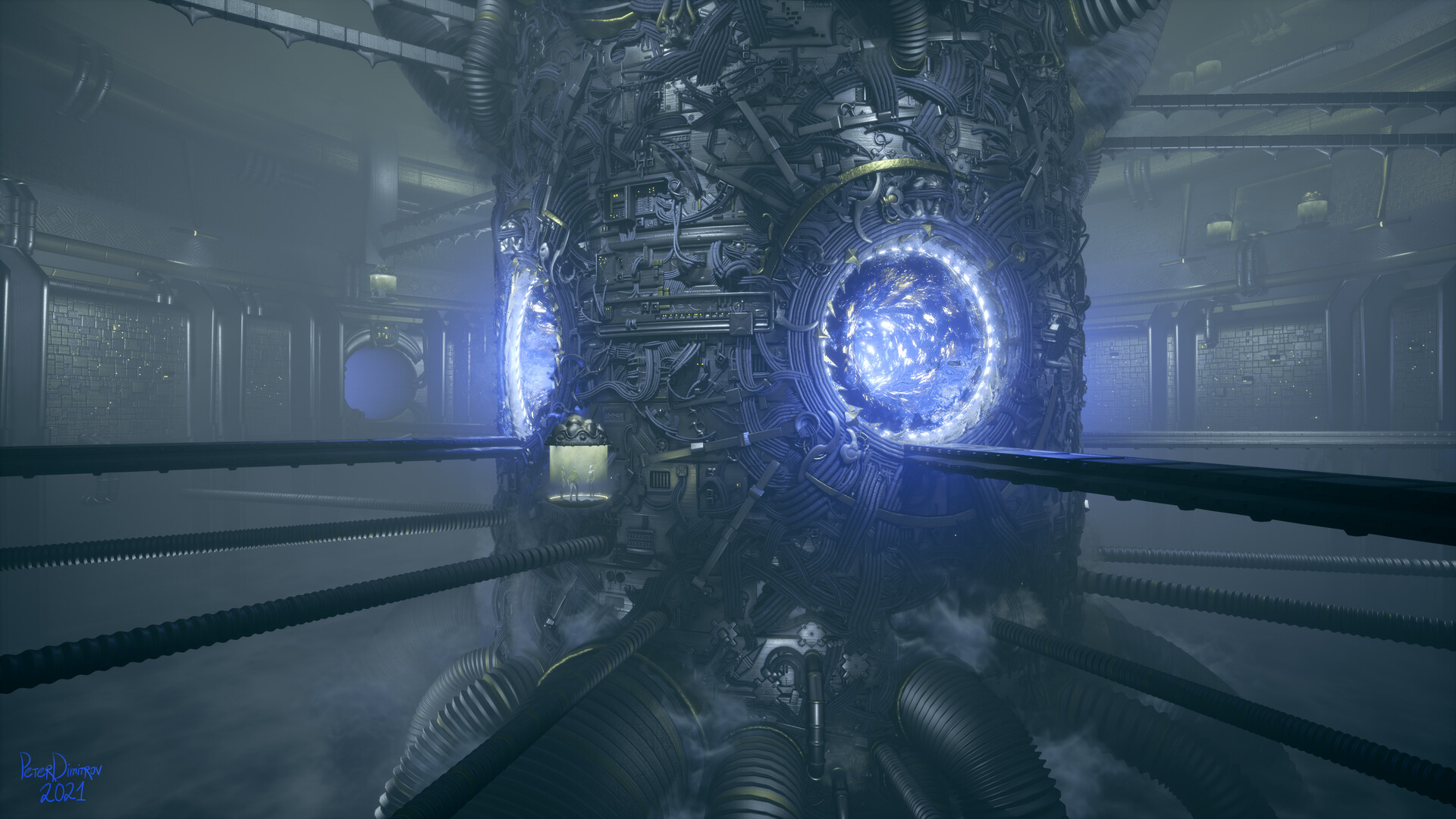 Main camera screenshot from Unreal 4. In the middle is a cylindrical, portal, sci-fi megastructure. Lots of platforms and pipes branch out of it and go in straight directions.
