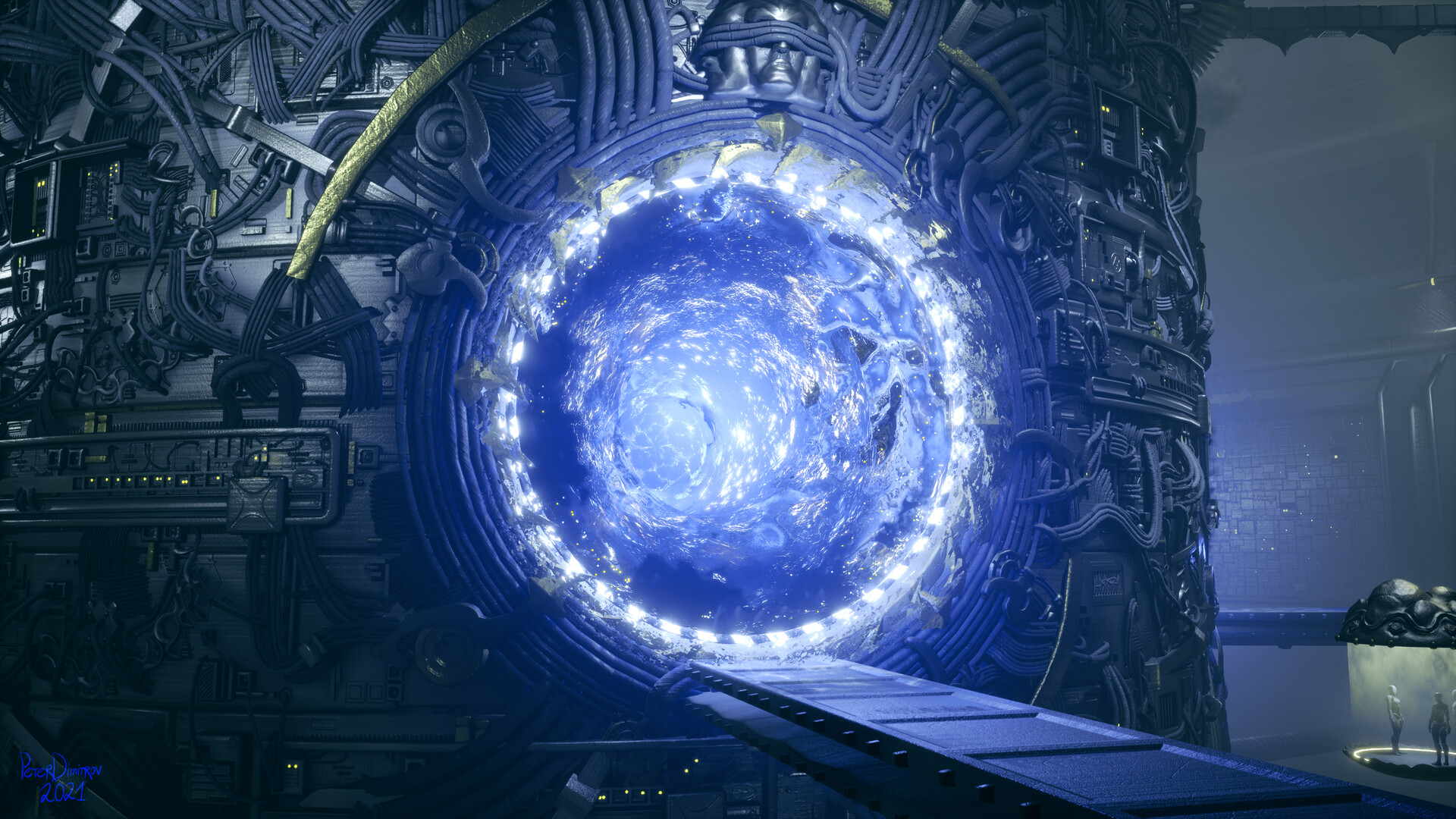 Close up screenshot of the portal, active. Blue tones complimented by sparks of yellow and white.